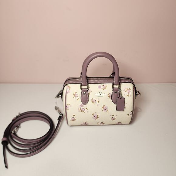 NWT Coach CAL69 Mini Rowan Crossbody Bag In Canvas Leather Floral Print Purple - Picture 1 of 9